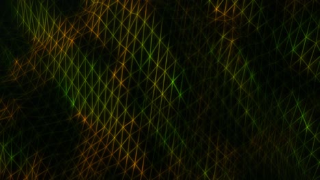 continuous animation of rotating red and green mesh net layers, highlighted by point lights, with luminous dots marking the intersections of the connecting lines