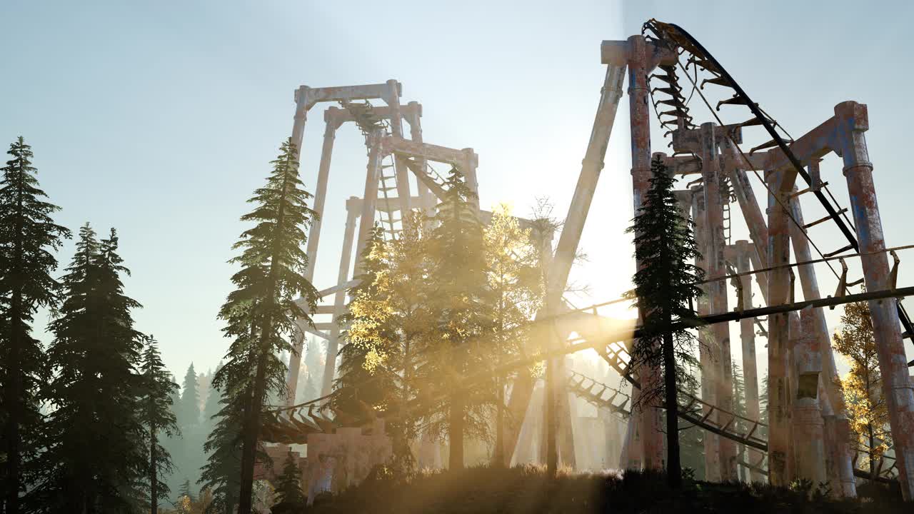 montaña rusa vieja al atardecer en el bosque