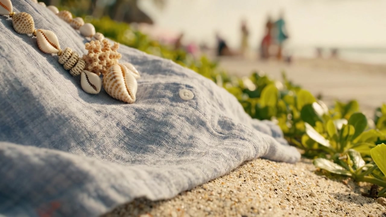 Un primo piano di una collana decorativa di conchiglie appoggiata su un tessuto intrecciato, su uno sfondo sfocato della spiaggia con persone che si godono la giornata di sole e l'ambiente tropicale.