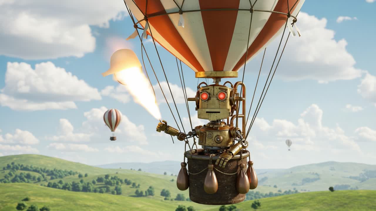 A whimsical robotic character in a vintage hot air balloon, soaring above lush green landscapes dotted with floating balloons and a serene blue sky, capturing the essence of adventure and imagination