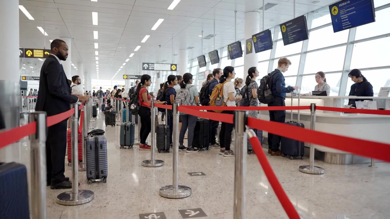 Area Check-In Bandara yang Sibuk dengan Antrean Panjang dan Pelancong Bersiap untuk Keberangkatan di Tengah Bagasi dan Layar Digital yang Menampilkan Informasi Penerbangan
