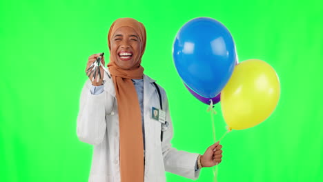 Party,-balloons-and-doctor-with-muslim-woman