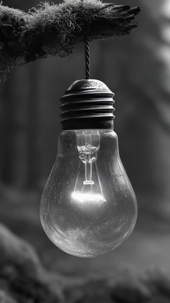 A Glowing Light Bulb Hangs from a Weathered Branch in an Enigmatic Forest, Illuminating Its Surroundings with a Soft, Ethereal Glow in a Mysterious Atmosphere