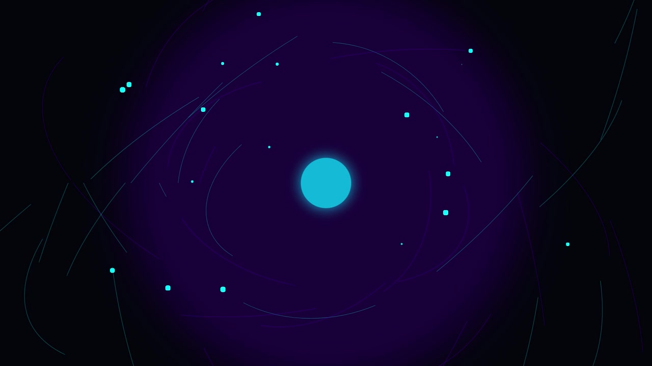 Motion graphic astratto di particelle luminose che orbitano attorno a una luce centrale
