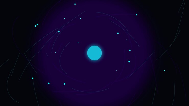 Motion graphic astratto di particelle luminose che orbitano attorno a una luce centrale