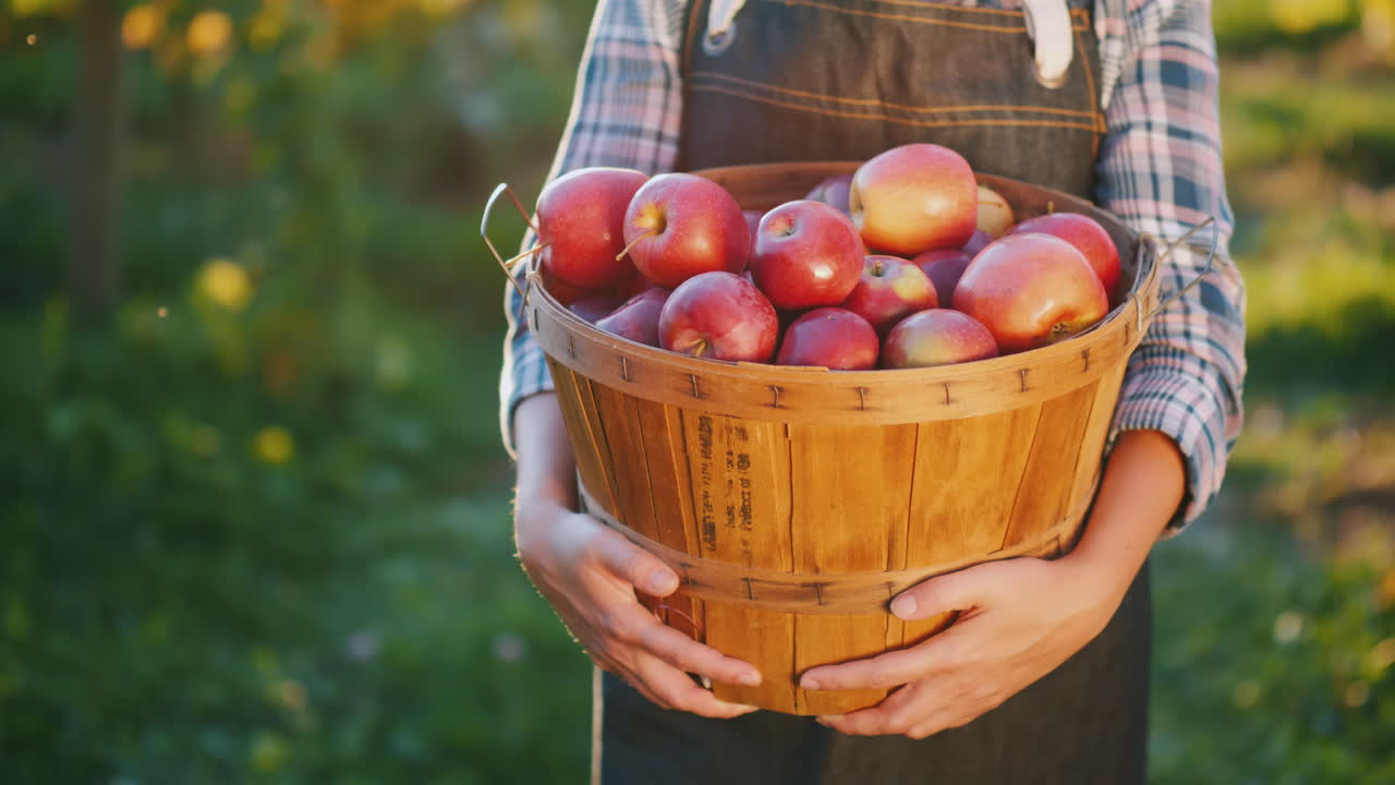 농부는 잘 익은 빨간 사과 작은 정원과 유기농 제품 컨셉으로 바구니를 들고 있습니다.