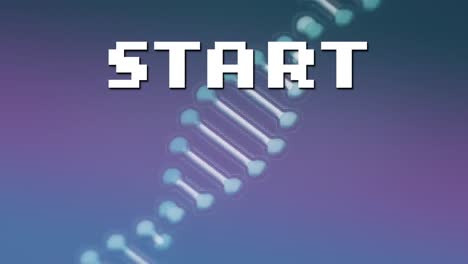 Animation-of-white-pixel-text-start,-over-rotating-dna-strand,-on-purple-background