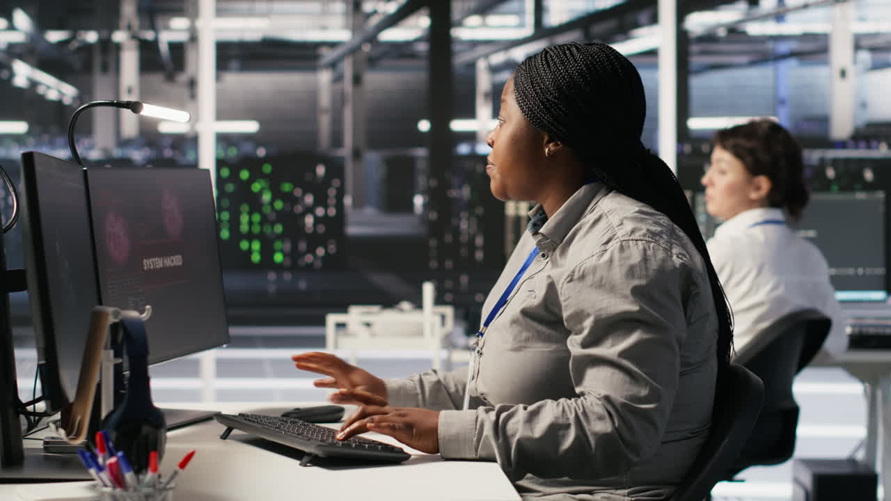 Vertical video Scared data center technicians reacting to virus warning on PC display, running