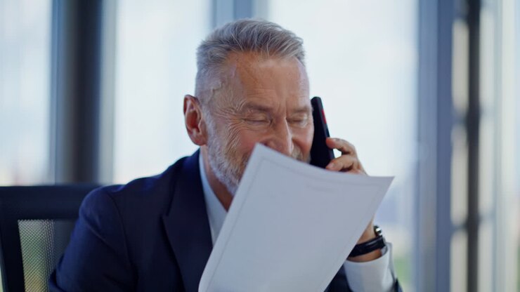 Businessman discussing document mobile phone enjoy deal in office closeup