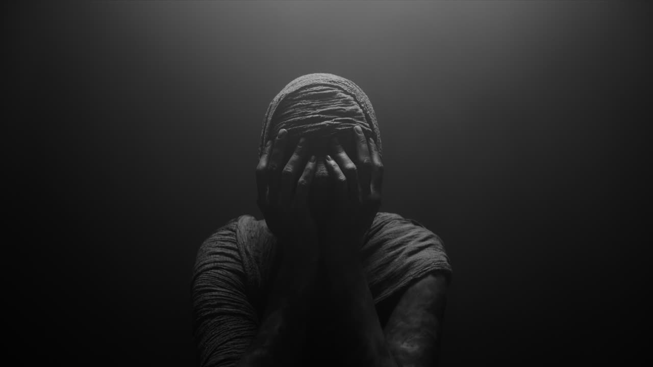 A mummified woman against the dark background in keeps her hands on her face the powerful pose full of despair