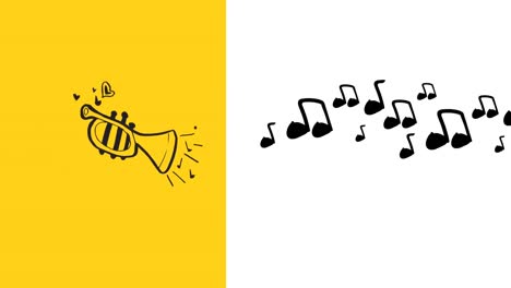 animation of trumpet and notes icons on yellow and white background