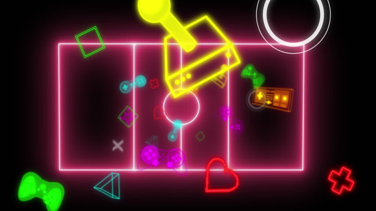 네온 분홍색 스포츠 필드와 디지털 비디오 게임 아이콘의 애니메이션