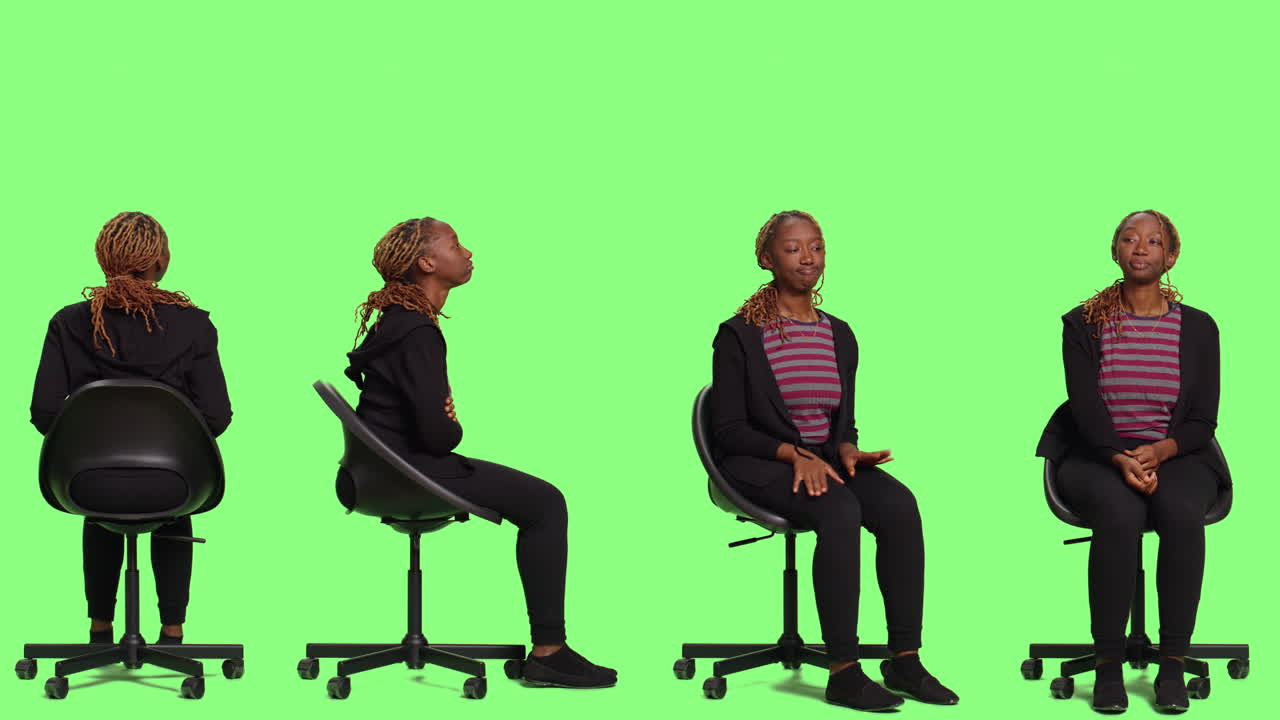 Woman Sitting in Chair Poses on Green Screen