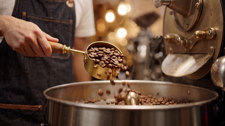 Processo artigianale di torrefazione del caffè, che mostra mani che raccolgono e versano meticolosamente chicchi appena tostati da una tostatrice in stile vintage in un ambiente accogliente di caffetteria.