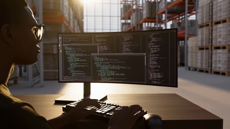 A person coding on a computer in a warehouse setting