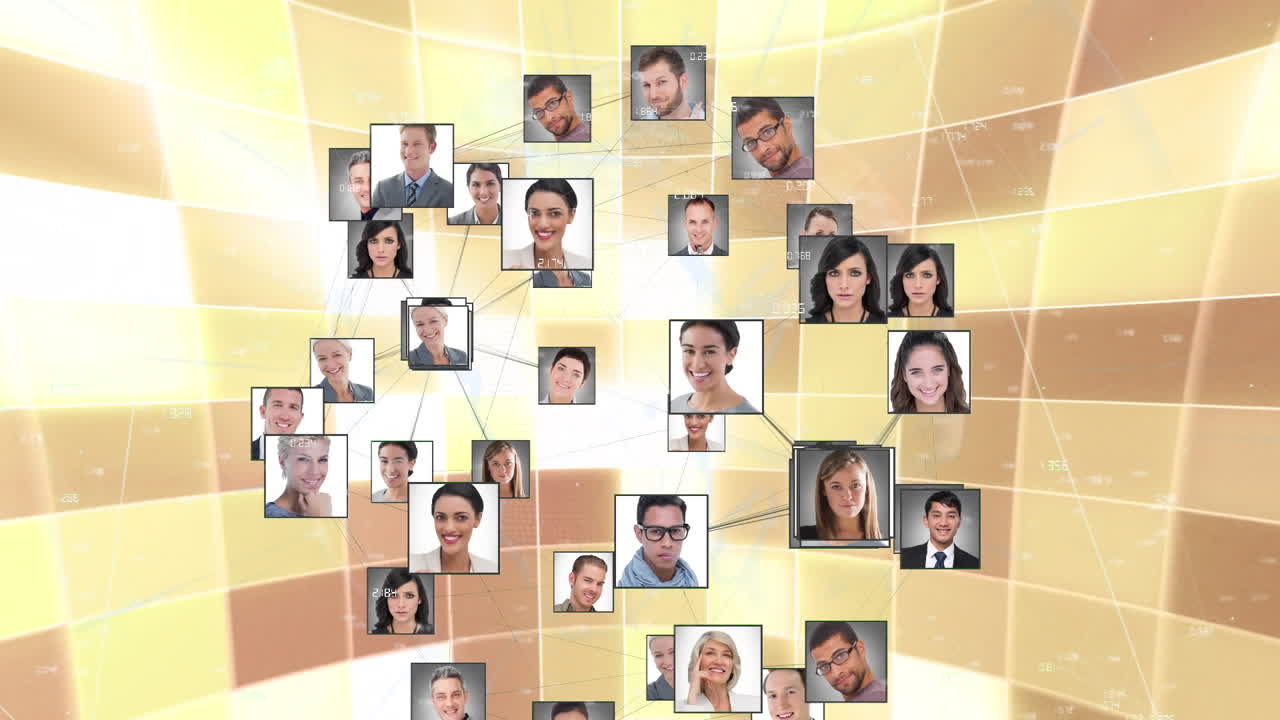 animación del globo con redes de conexiones y fotos de personas de negocios