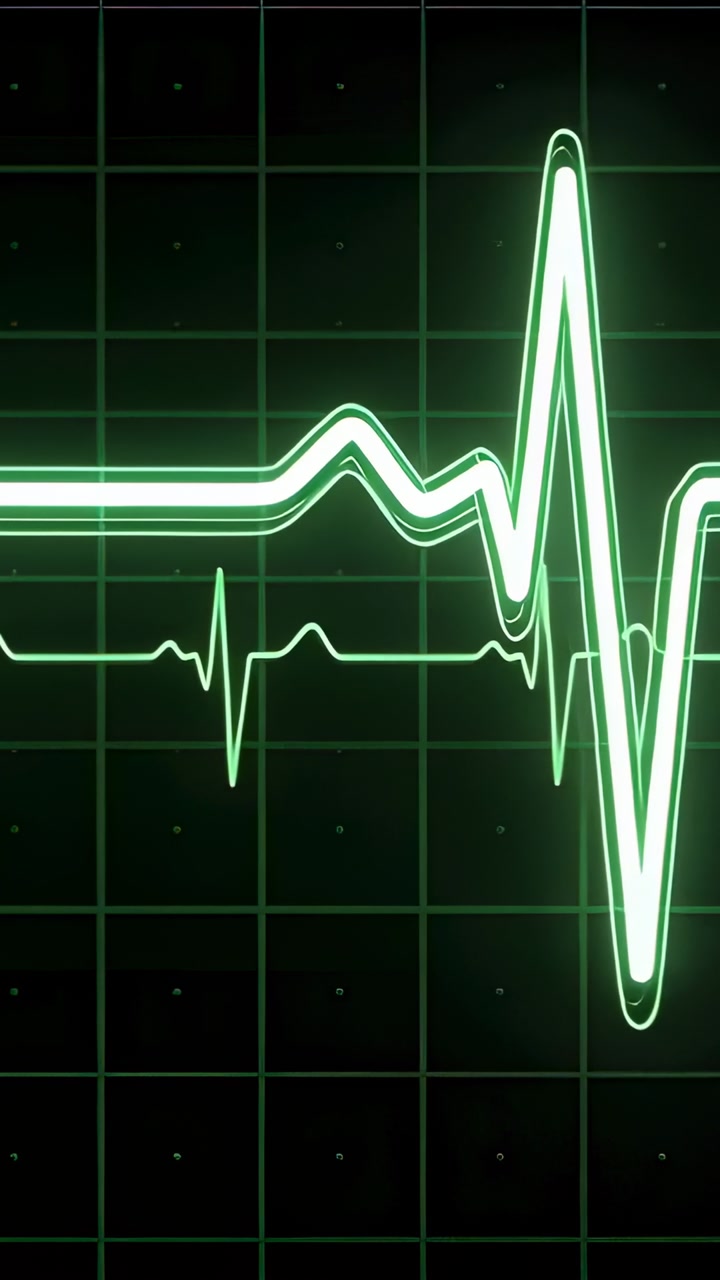 Vertical video: Glowing ECG traces running on grid, edge rising, peaking, subsiding, showing pulse