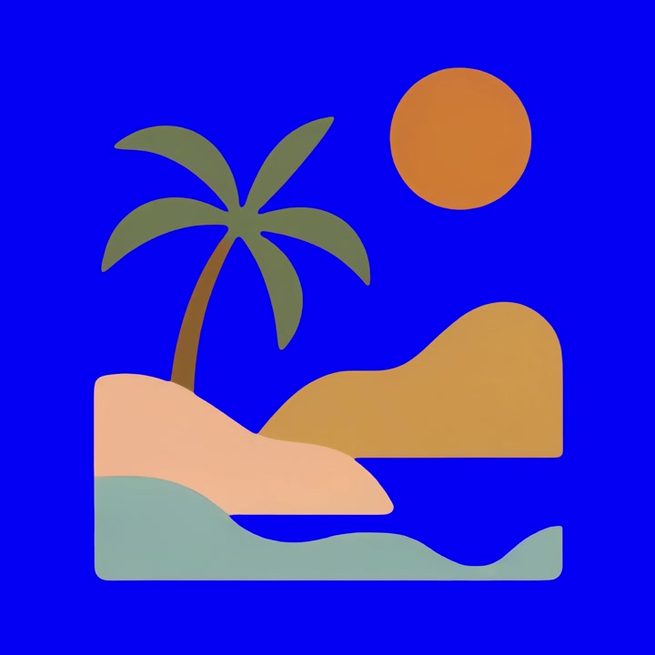 Minimalistisk animeret tropisk strandscene med palmetræ og sol