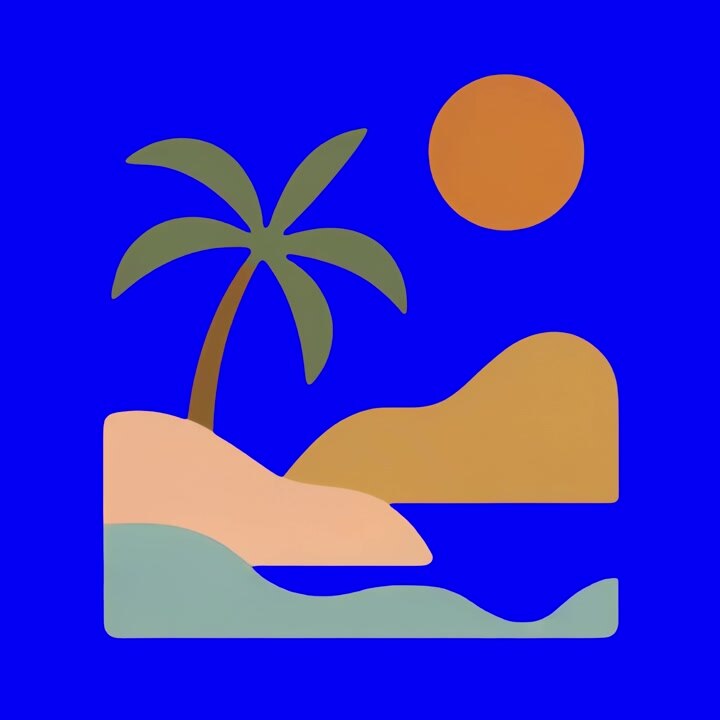 Minimalist Animated Tropical Beach Scene with Palm Tree and Sun