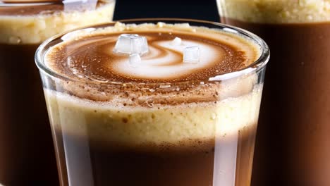 close-up of a glass of coffee with a sugar cube on top