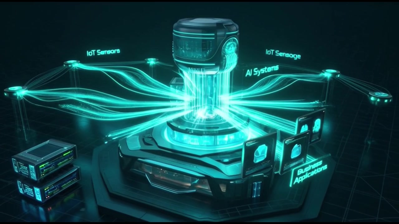 Futuristic AI System Hub Connecting Digital Data and Business Applications