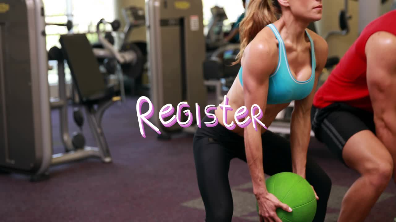 Pair on holding squat rising with green med ball in gym Register graphic pulsing driving signup