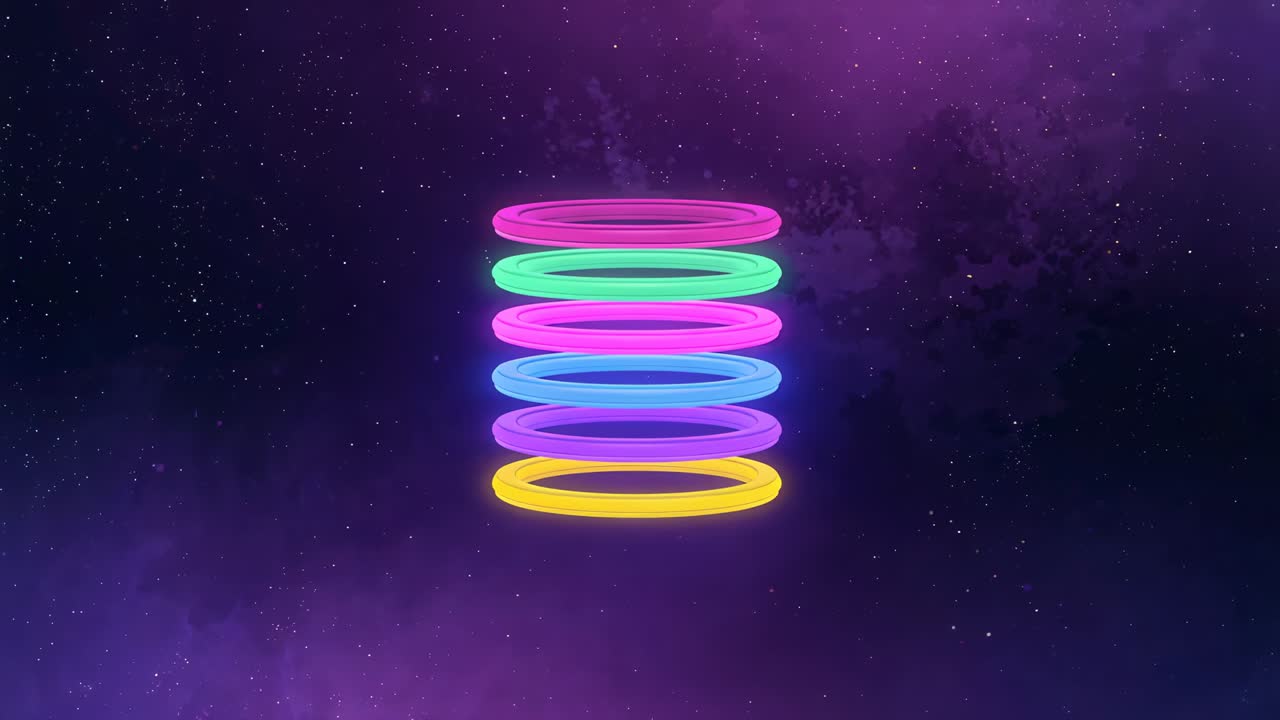 Pulsing stack of seven neon rings shifting, tilting, rotating at center of purple nebula backdrop