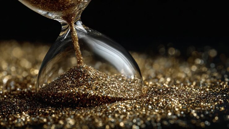 Captivating Time: A Close-Up of a Glittering Hourglass with Shimmering Sand Flowing Through, Creating an Enchanting Visual of Time's Passage