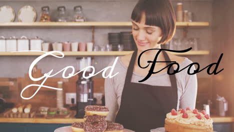 good food text animation over woman in bakery holding tray of pastries