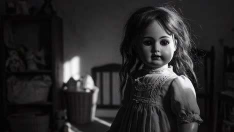 a captivating journey through shadows: the eerie presence of a vintage doll in a dimly lit room evoking feelings of nostalgia and mystery