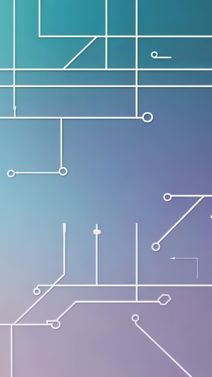 Vertical video: Animating circuit shifting round nodes and aligning lines over teal purple gradient