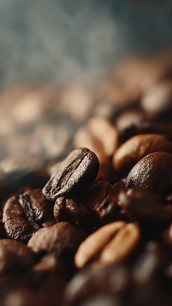Et nærbillede af rige, aromatiske kaffebønner, der fremviser deres skinnende tekstur og subtile farver, perfekt indfangende essensen af bryggeforventning og smagfuld nydelse.