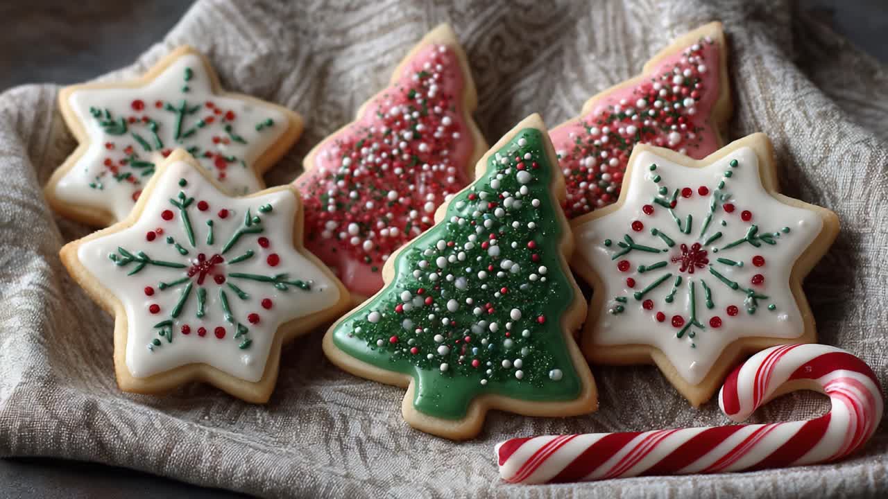 A Festive Display of Beautifully Decorated Christmas Cookies Featuring Intricate Icing Designs, Including Trees and Stars with Cheerful Holiday Colors and a Candy Cane Accent