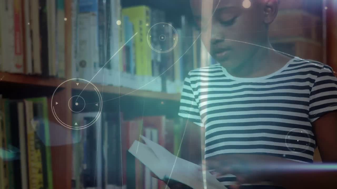 animación de redes de conexiones sobre una colegiala afroamericana leyendo un libro