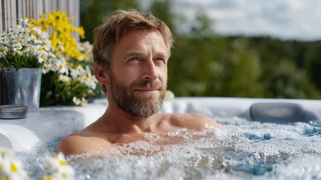 Relax e pace: Un uomo si gode un momento sereno in una vasca idromassaggio circondato da fiori in fiore sotto un cielo tranquillo.