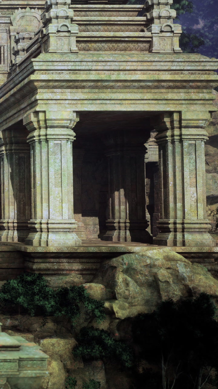 Ancient structure stands among rocks and trees in a natural setting