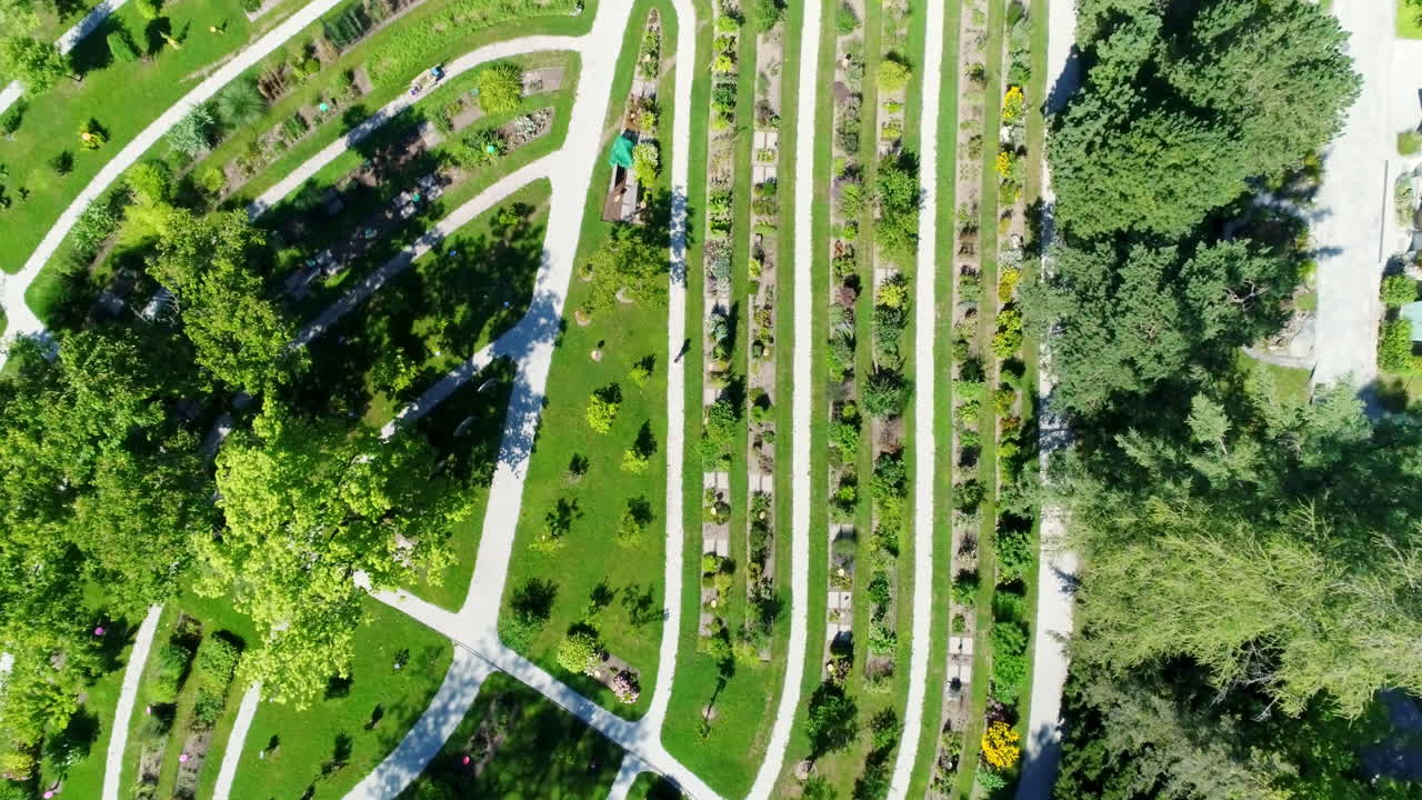 Drone aerial view looking down on green park in fribourg people walking biking sunny day