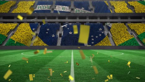 animation of confetti falling over brazilian flag in empty sports stadium