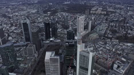 panning footage of financial and business borough in large city. modern tall downtown skyscrapers from height. frankfurt am main, germany