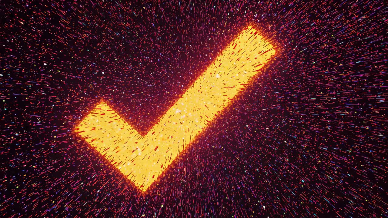 Appearing orange check mark causing purple particles streaking outward in space, halo glowing