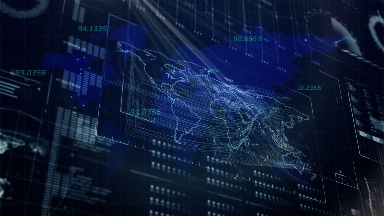 Animation of interface with spinning globe, world map and data processing against blue background