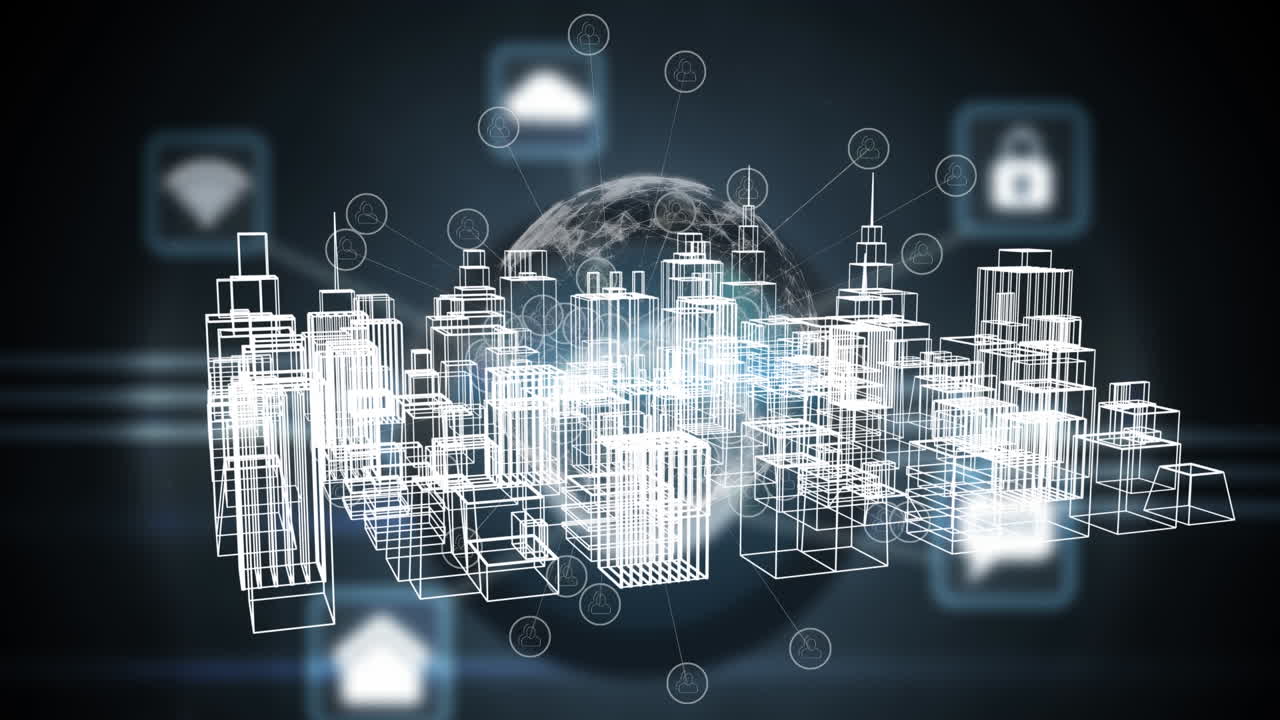 Animazione di città digitale che ruota su globo e icone