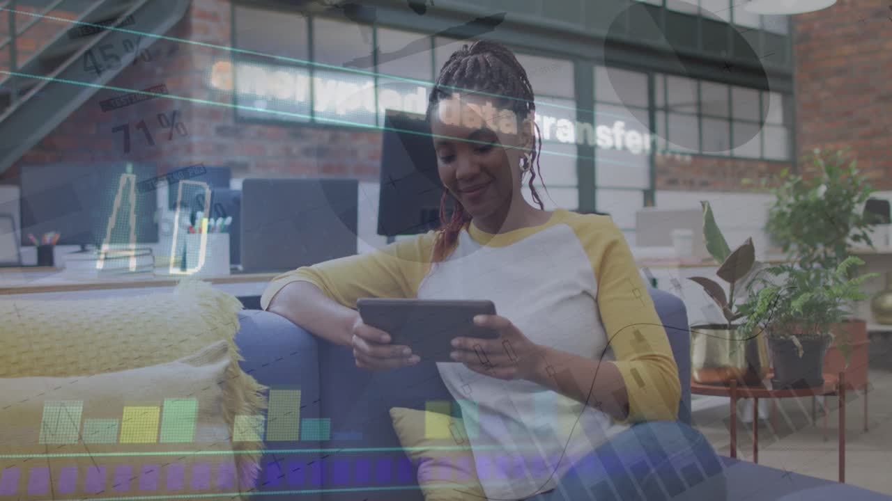 Animation of data processing over african american businesswoman using tablet