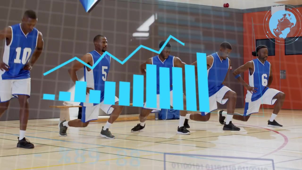 Comenzando el calentamiento, cinco jugadores de baloncesto haciendo zancadas mientras las superposiciones de datos rastrean las métricas