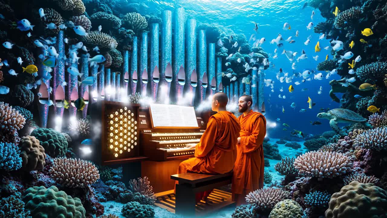 Monks Playing Organ in Underwater Coral Reef