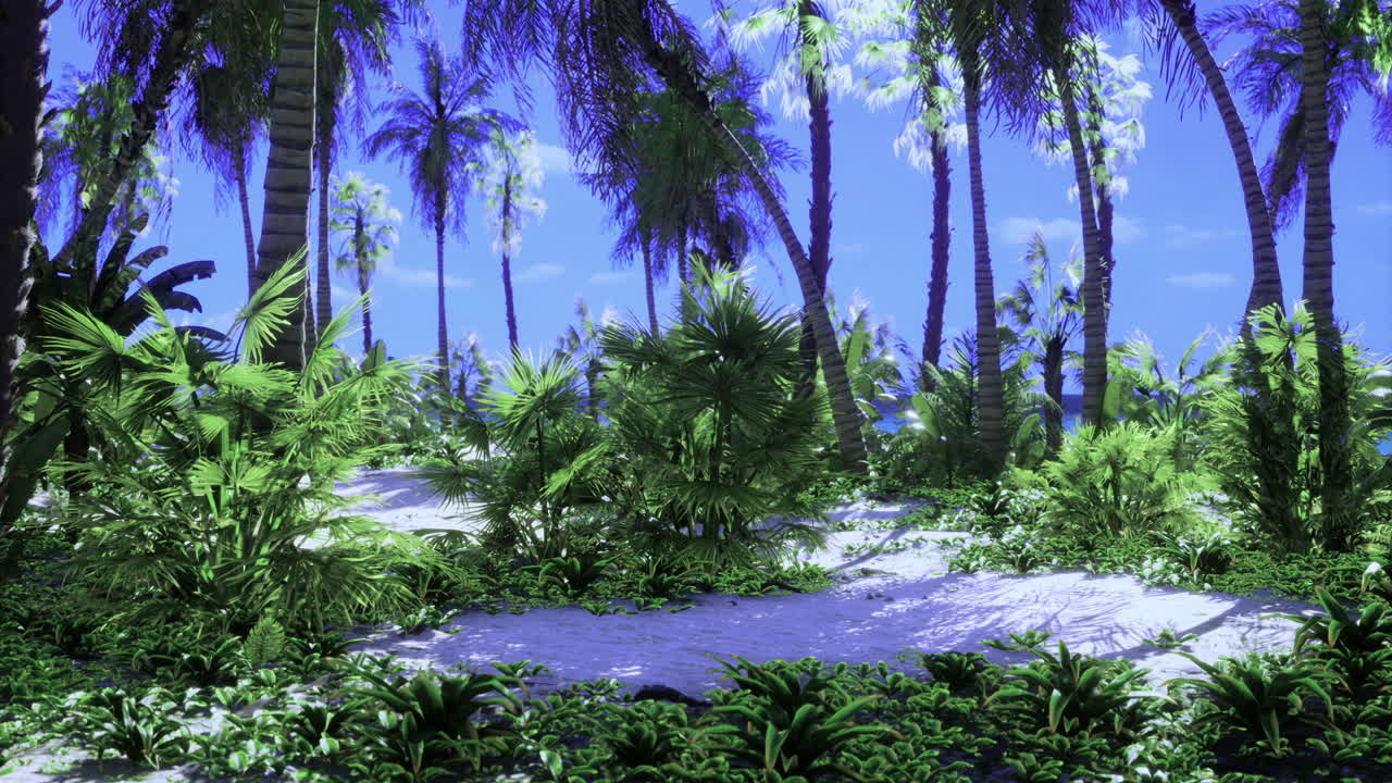 Lush tropical landscape with palm trees and vibrant greenery under bright sky