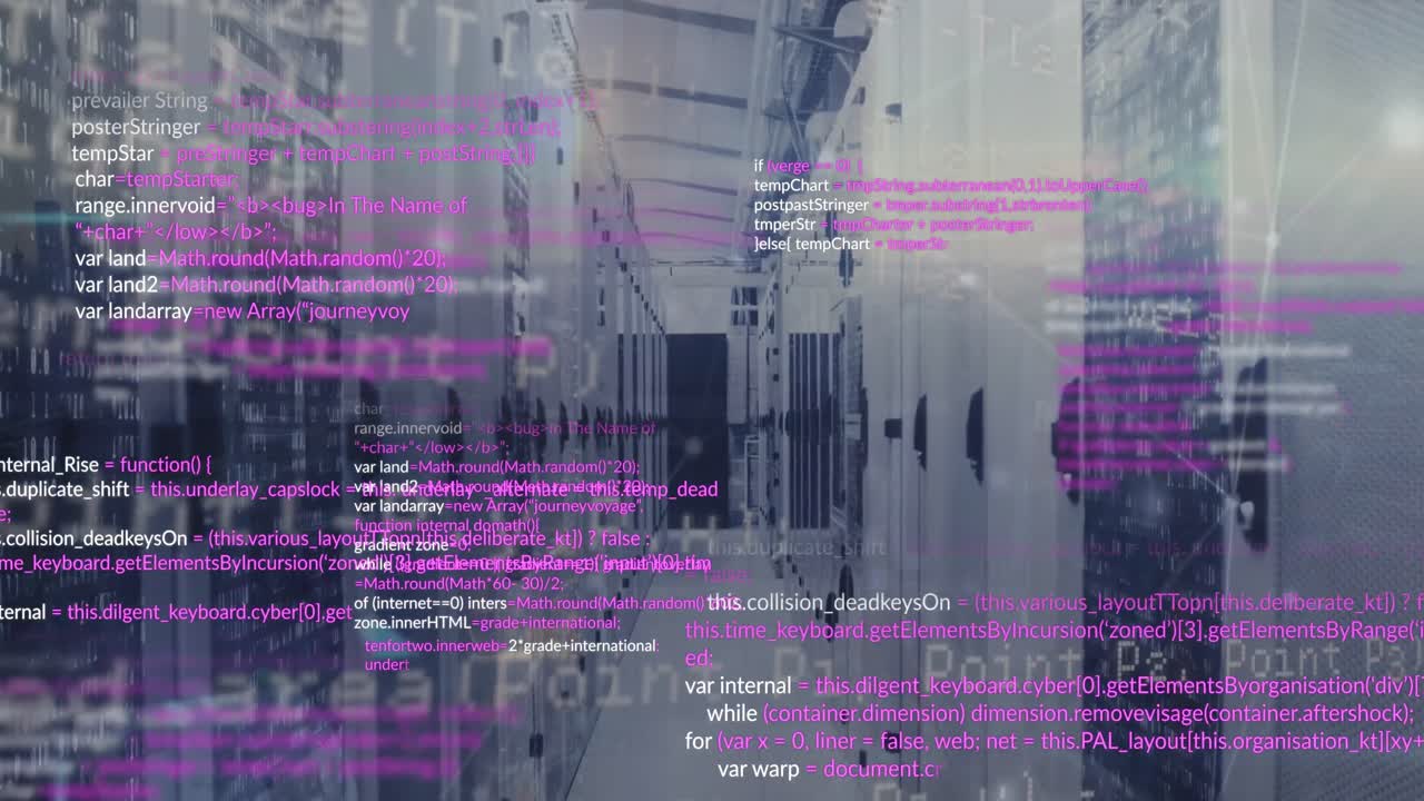 animación del procesamiento de datos y la red de conexiones contra la sala de servidores de computadoras