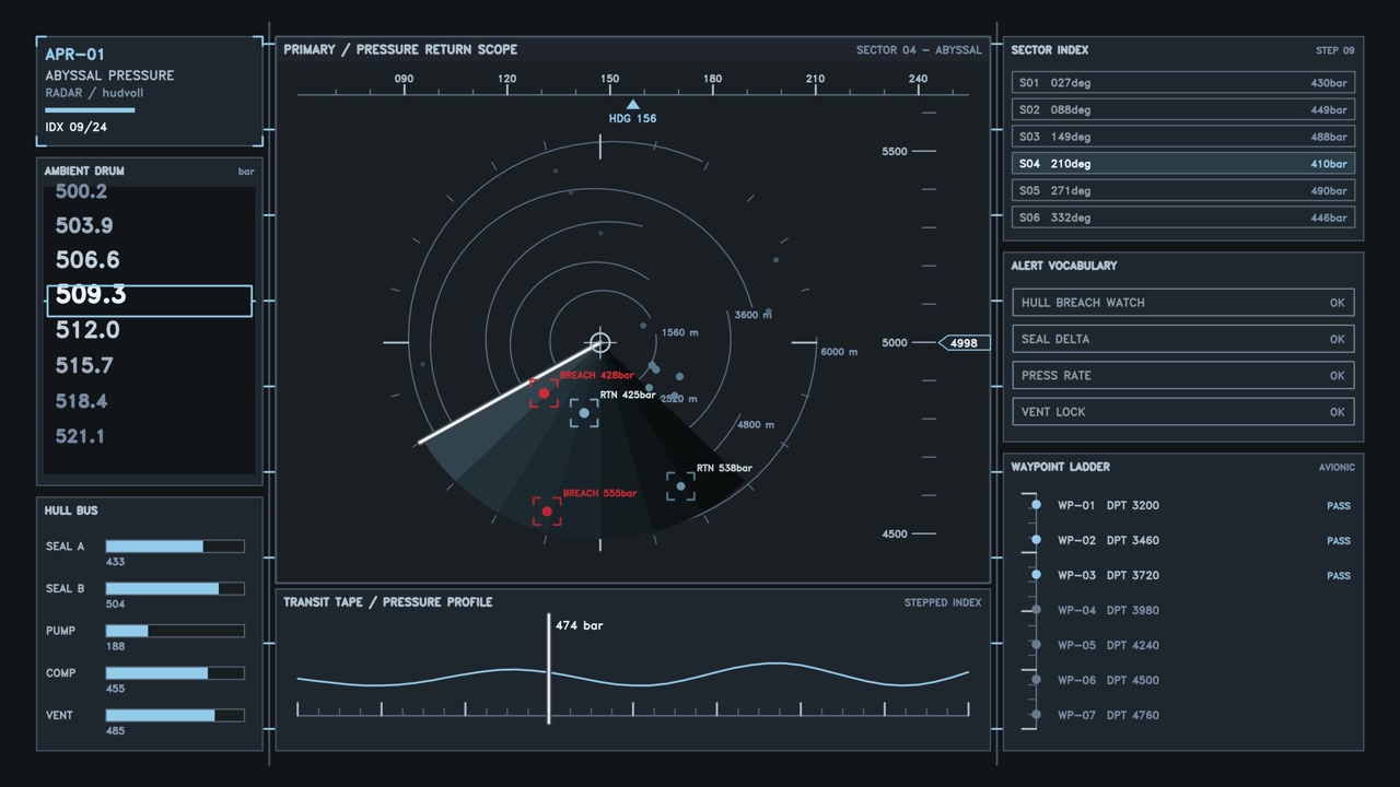 This interface displays abysmal pressure data with various graphs and text visuals. It features real time monitoring of pressure levels and an alert system for anomalies