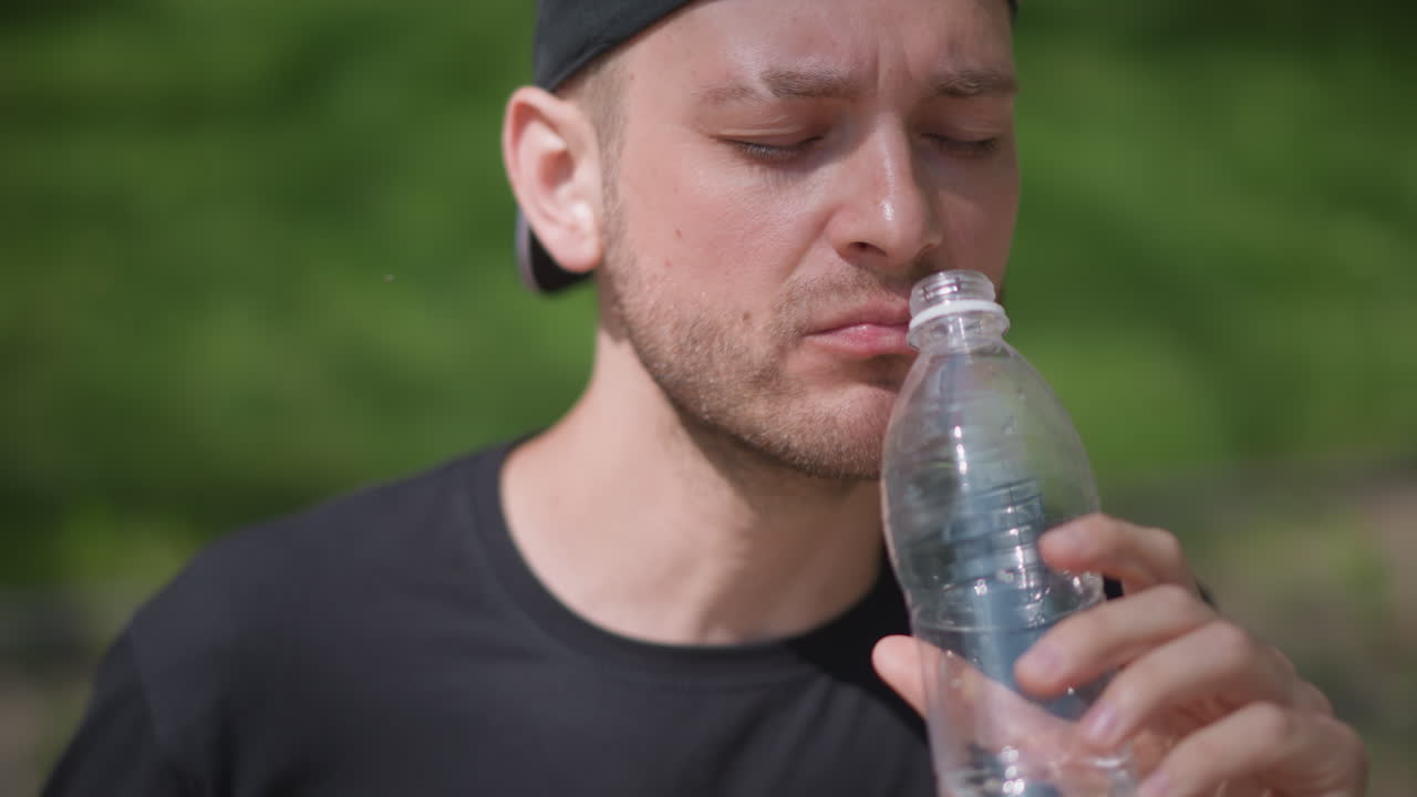 Man Sip Plastic Bottle Outdoors, Caucasian Male Enjoying Drink In Park, Close View Of Man Drinking From Plastic Container Outside, White Man Cools Off By Sipping From Plastic Bottle Outdoors