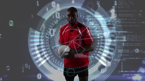professional rugby player holding a ball and medical data